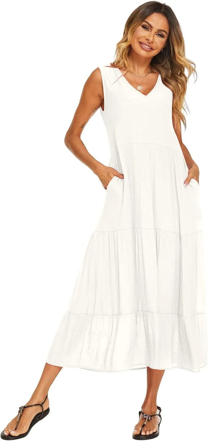 Halife Women's Summer Casual Maxi Dresses Flowy Ruffle Boho Long Dresses with Pockets
