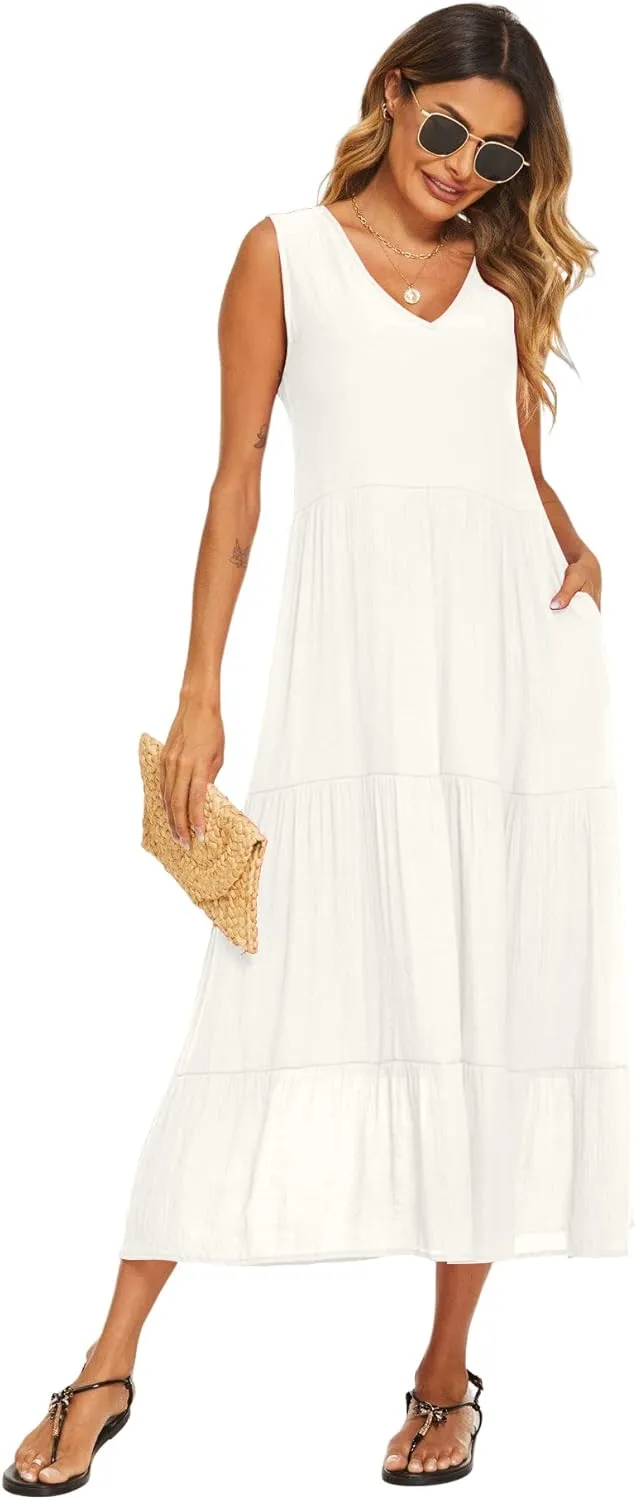 Halife Women's Summer Casual Maxi Dresses Flowy Ruffle Boho Long Dresses with Pockets