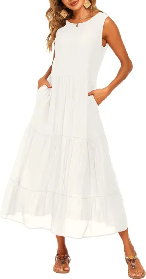 Halife Women's Summer Casual Maxi Dresses Flowy Ruffle Boho Long Dresses with Pockets
