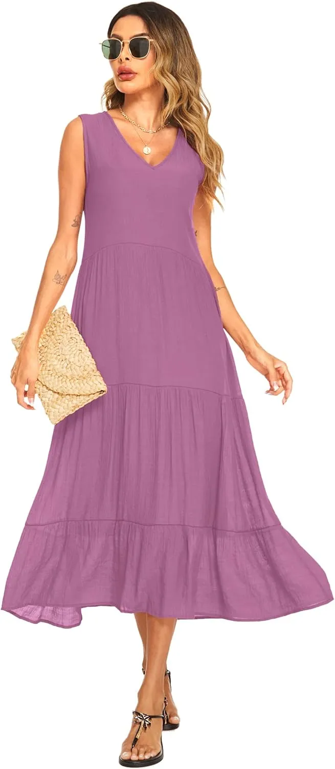 Halife Women's Summer Casual Maxi Dresses Flowy Ruffle Boho Long Dresses with Pockets