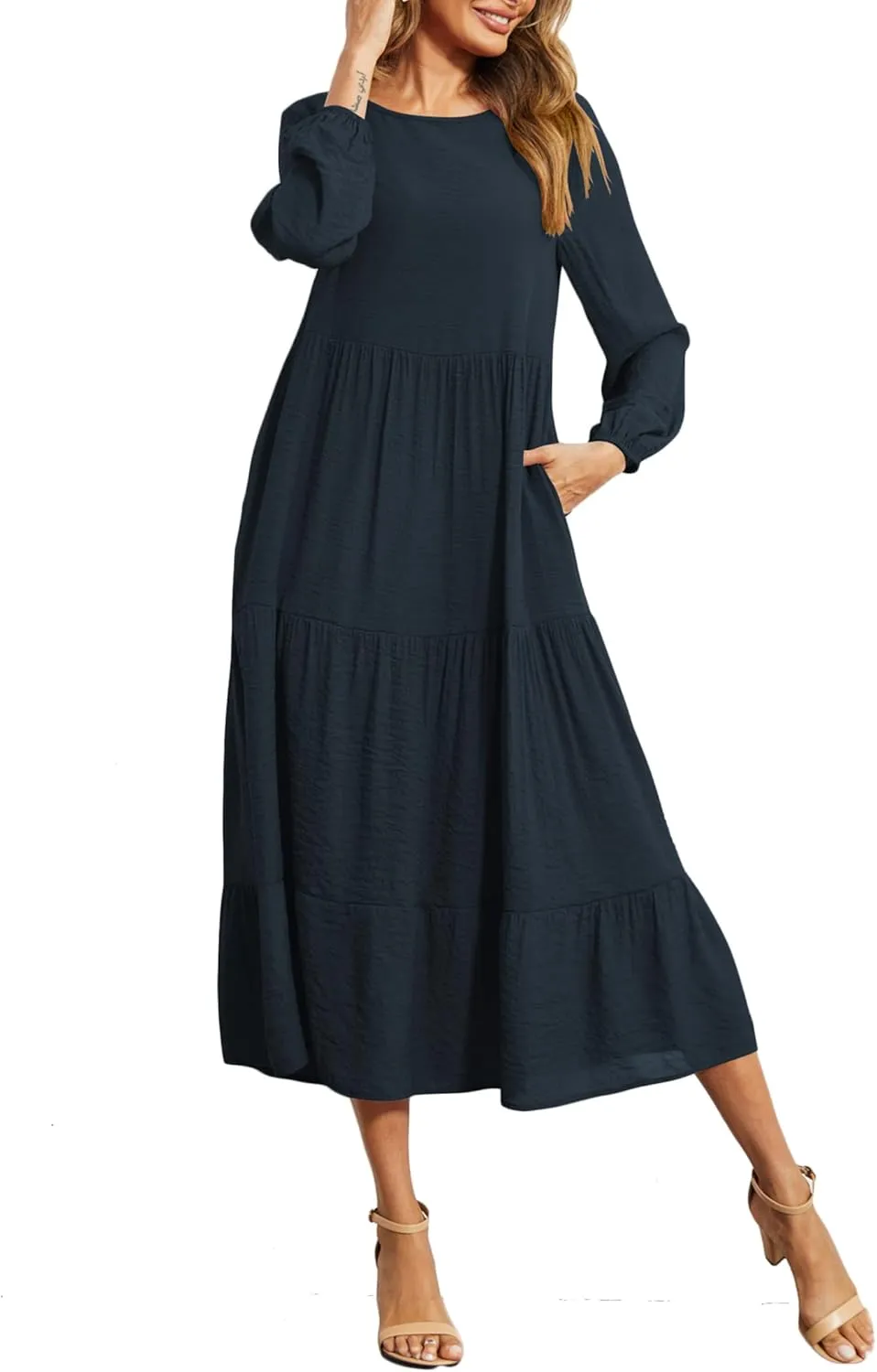 Halife Women's Summer Casual Maxi Dresses Flowy Ruffle Boho Long Dresses with Pockets
