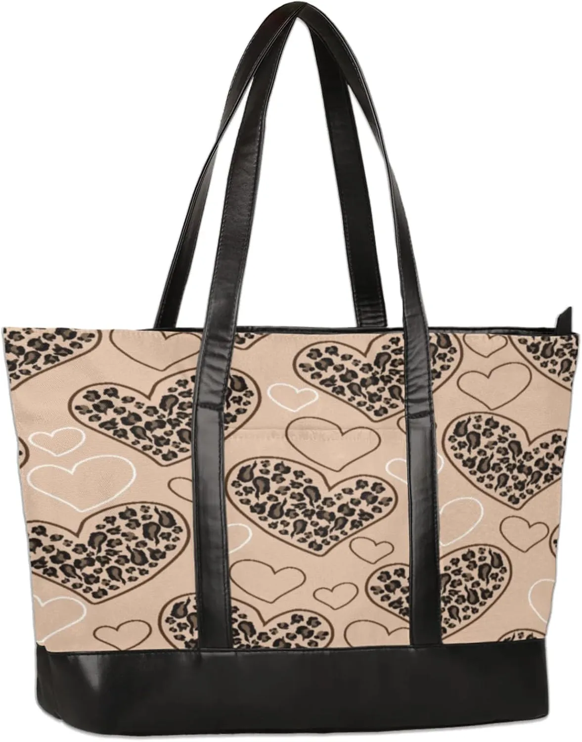Hand Painted Leopard Heart Laptop Tote Bag for Women Lightweight Work Purse with Multiple Compartments Fits 13-15.6 Inch Laptop Tablet Shoulder Bag for Office Travel Daily Use