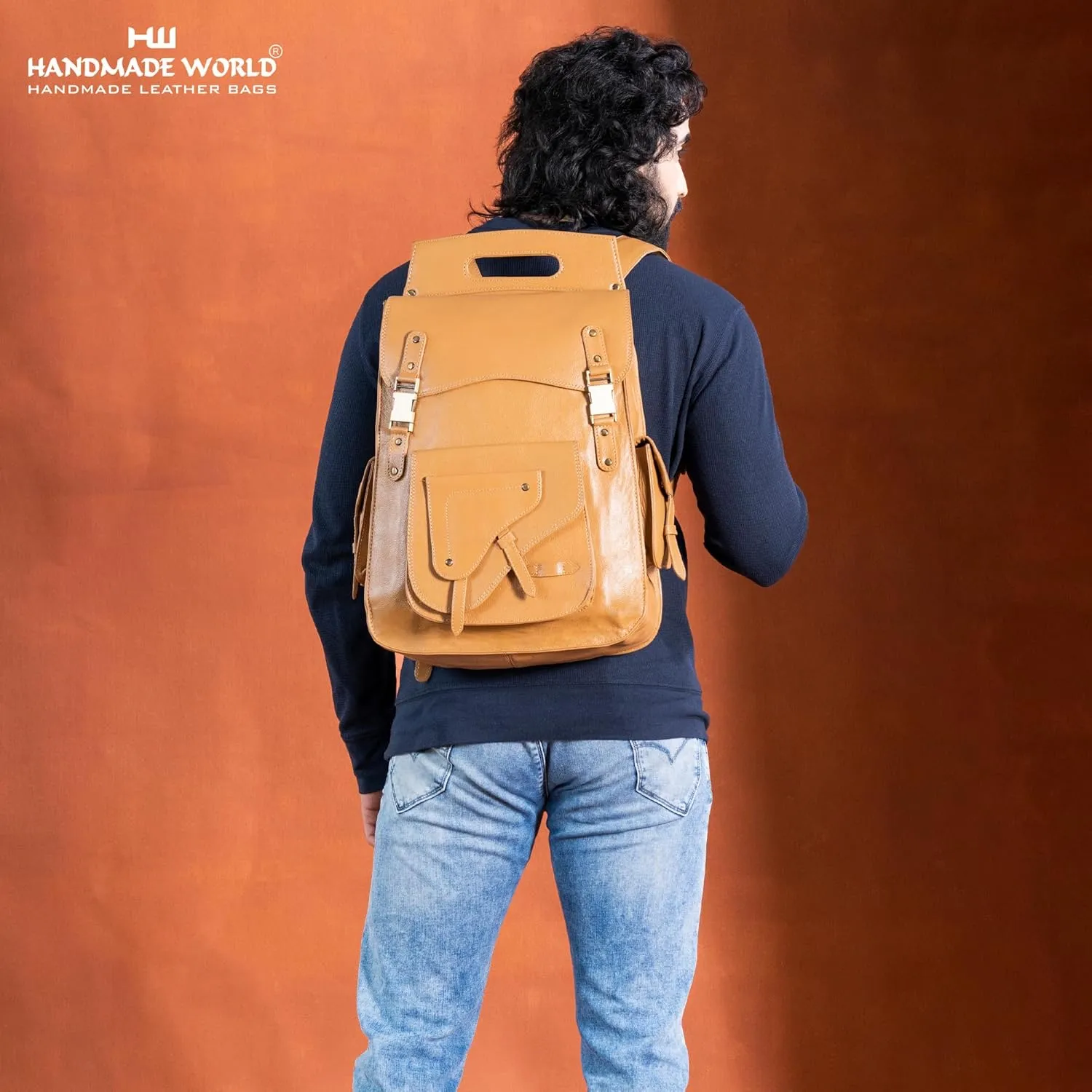 Handmade World Full Grain 18 Inch Leather Laptop Large Backpack Casual Bookbag Daypack Camping Travel Rucksack Knapsack