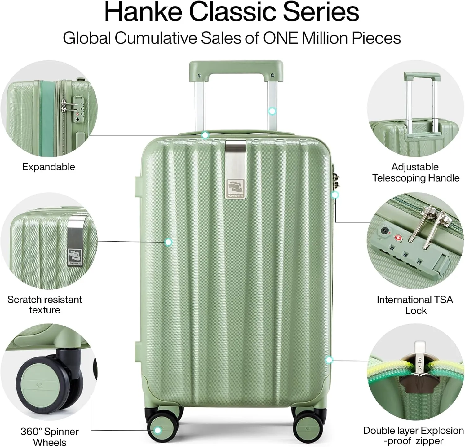 Hanke 24 Inch Expandable Checked Luggage Lightweight PC Hard Shell Luggage Suitcases with Wheels Travel Luggage Rolling Large Suitcase Travel Luggage Bag for Go to University.(Bamboo Green)