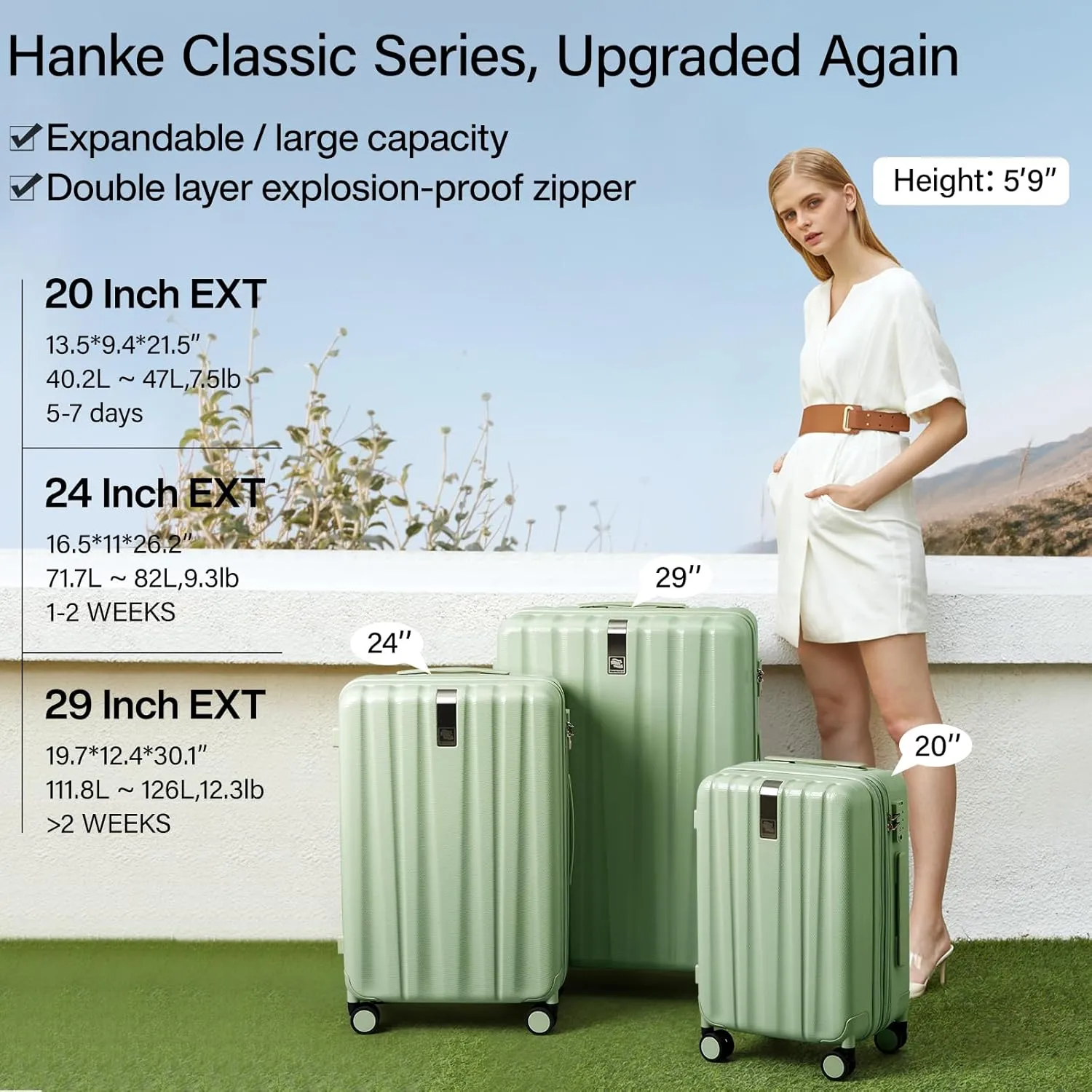 Hanke 24 Inch Expandable Checked Luggage Lightweight PC Hard Shell Luggage Suitcases with Wheels Travel Luggage Rolling Large Suitcase Travel Luggage Bag for Go to University.(Bamboo Green)