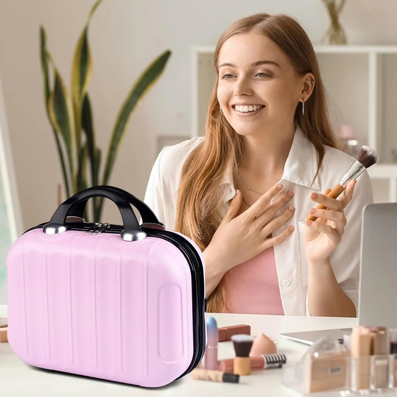 Hard Shell Vanity Cases with Elastic Band and Zipper, Portable Waterproof ABS Beauty Case, Cosmetic Case for Women Girl