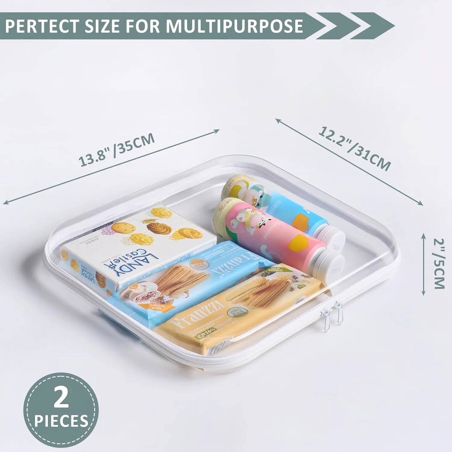 Hard Sided Clear Zipper Case for Storage- Professional-Grade Plastic Clear Zipper Pencil Case,Toy Storage Bins, Toiletry Pouch, Travel Organizer, Cosmetic Bag（White,2 Pack, L）