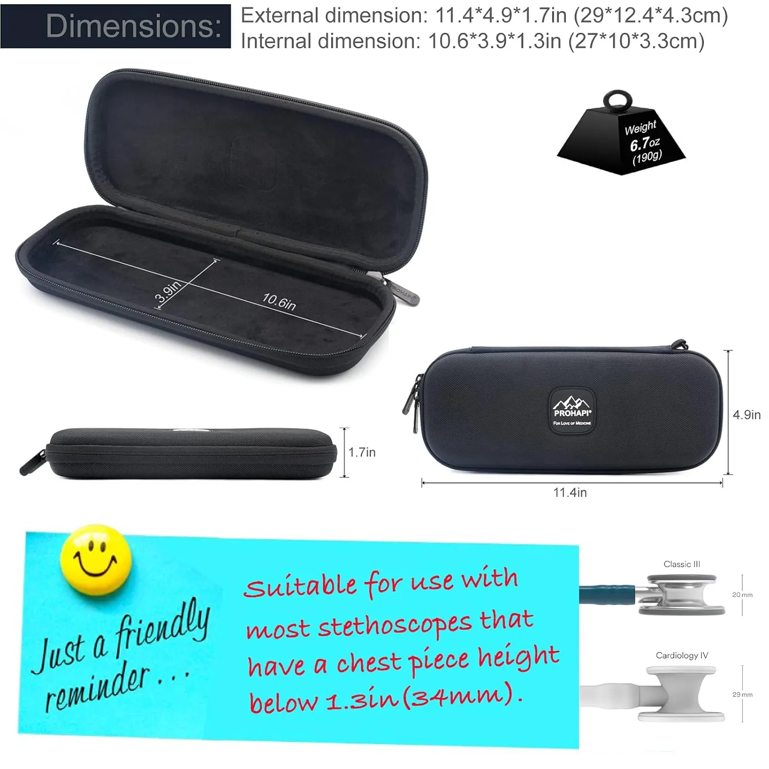 Hard Stethoscope Case, Lightweight Thin Stethoscope Holder Storage Pouch for Littmann Classic III, Lightweight II S.E, Cardiology IV, MDF Acoustica Deluxe Stethoscopes (Black)