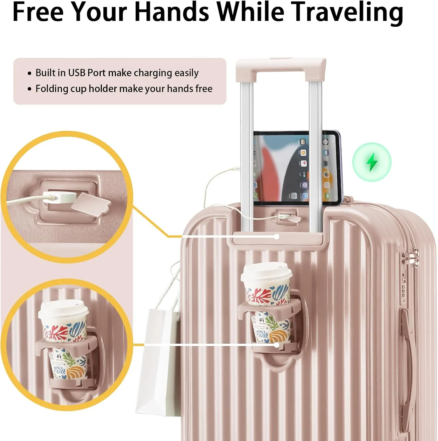 Hardside Carry On Luggage with Spinner Wheels and Built-in TSA Lock Durable Suitcase Rolling Luggage with USB Port cup holder Carry-On 20Inch (Pink)