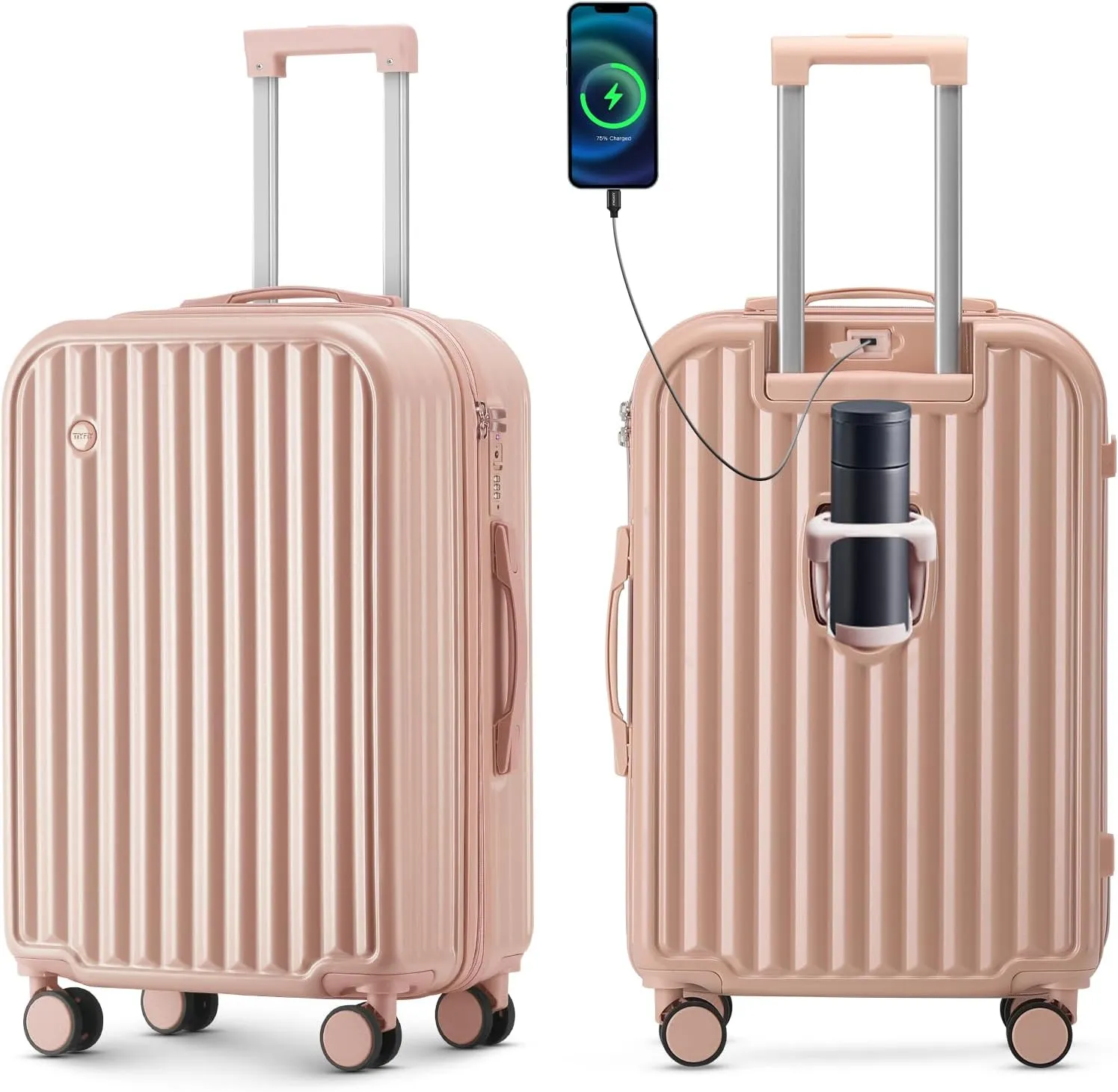 Hardside Carry On Luggage with Spinner Wheels and Built-in TSA Lock Durable Suitcase Rolling Luggage with USB Port cup holder Carry-On 20Inch (Pink)