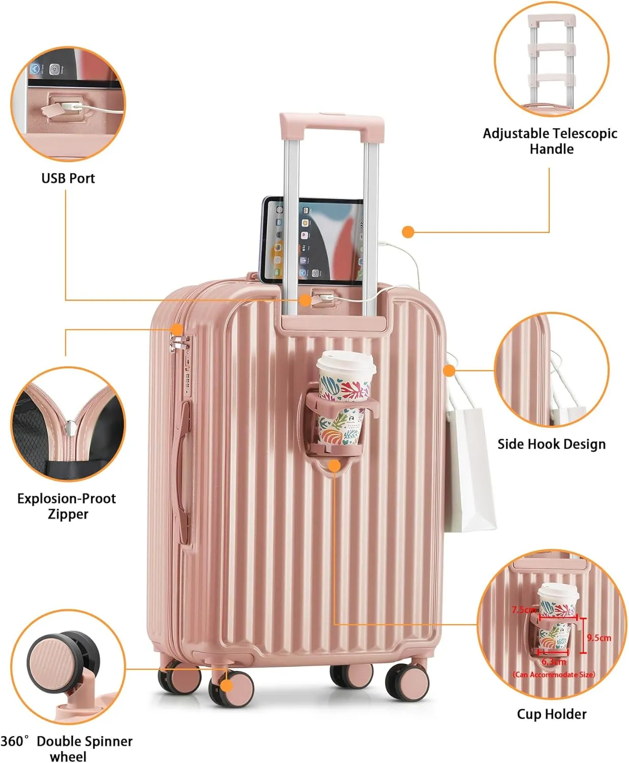 Hardside Carry On Luggage with Spinner Wheels and Built-in TSA Lock Durable Suitcase Rolling Luggage with USB Port cup holder Carry-On 20Inch (Pink)