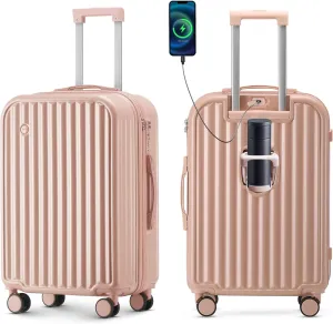 Hardside Carry On Luggage with Spinner Wheels and Built-in TSA Lock Durable Suitcase Rolling Luggage with USB Port cup holder Carry-On 20Inch (Pink)