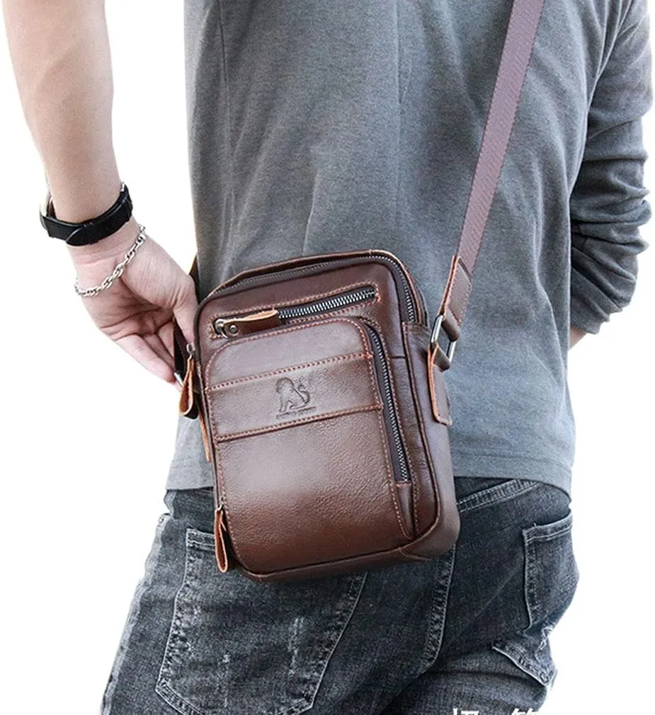 Hebetag Small Leather Shoulder Bag Crossbody Pack for Men Outdoor Travel Business