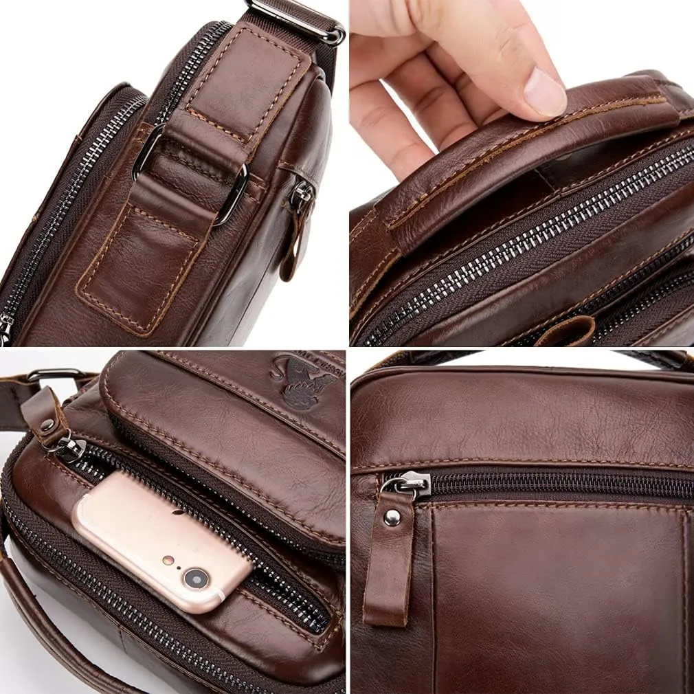 Hebetag Small Leather Shoulder Bag Crossbody Pack for Men Outdoor Travel Business