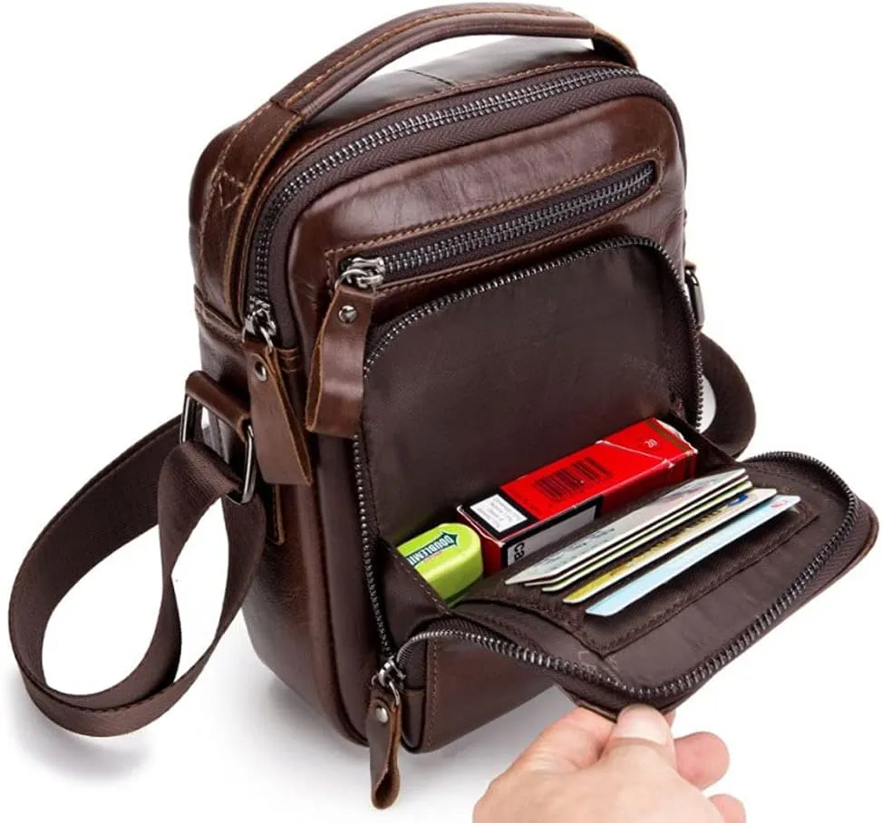 Hebetag Small Leather Shoulder Bag Crossbody Pack for Men Outdoor Travel Business