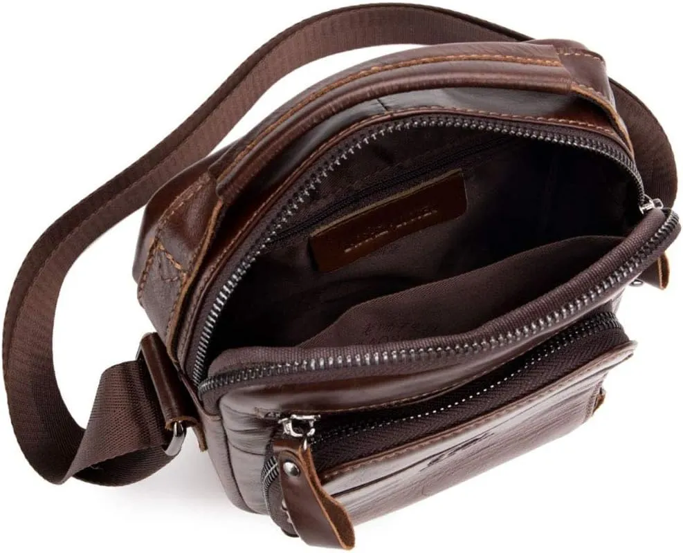 Hebetag Small Leather Shoulder Bag Crossbody Pack for Men Outdoor Travel Business