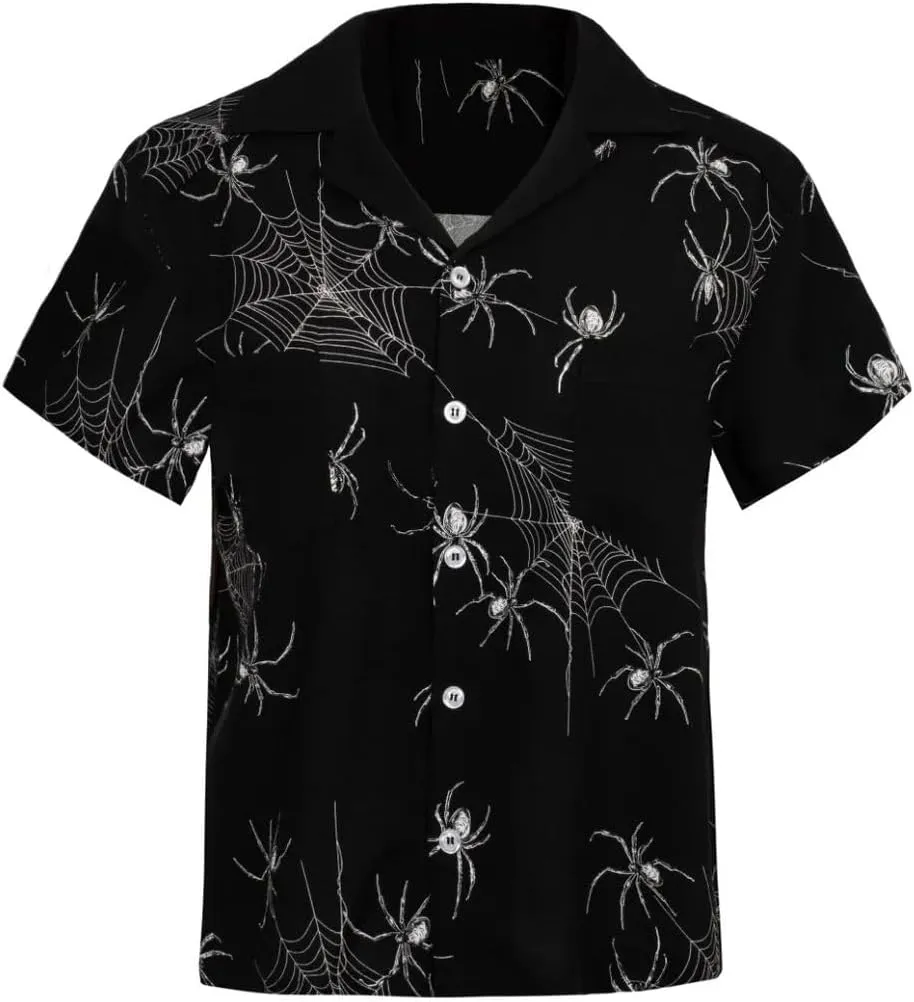 Hell Bunny Grungy Spider Retro Short Sleeve Button Up Gothic Shirt