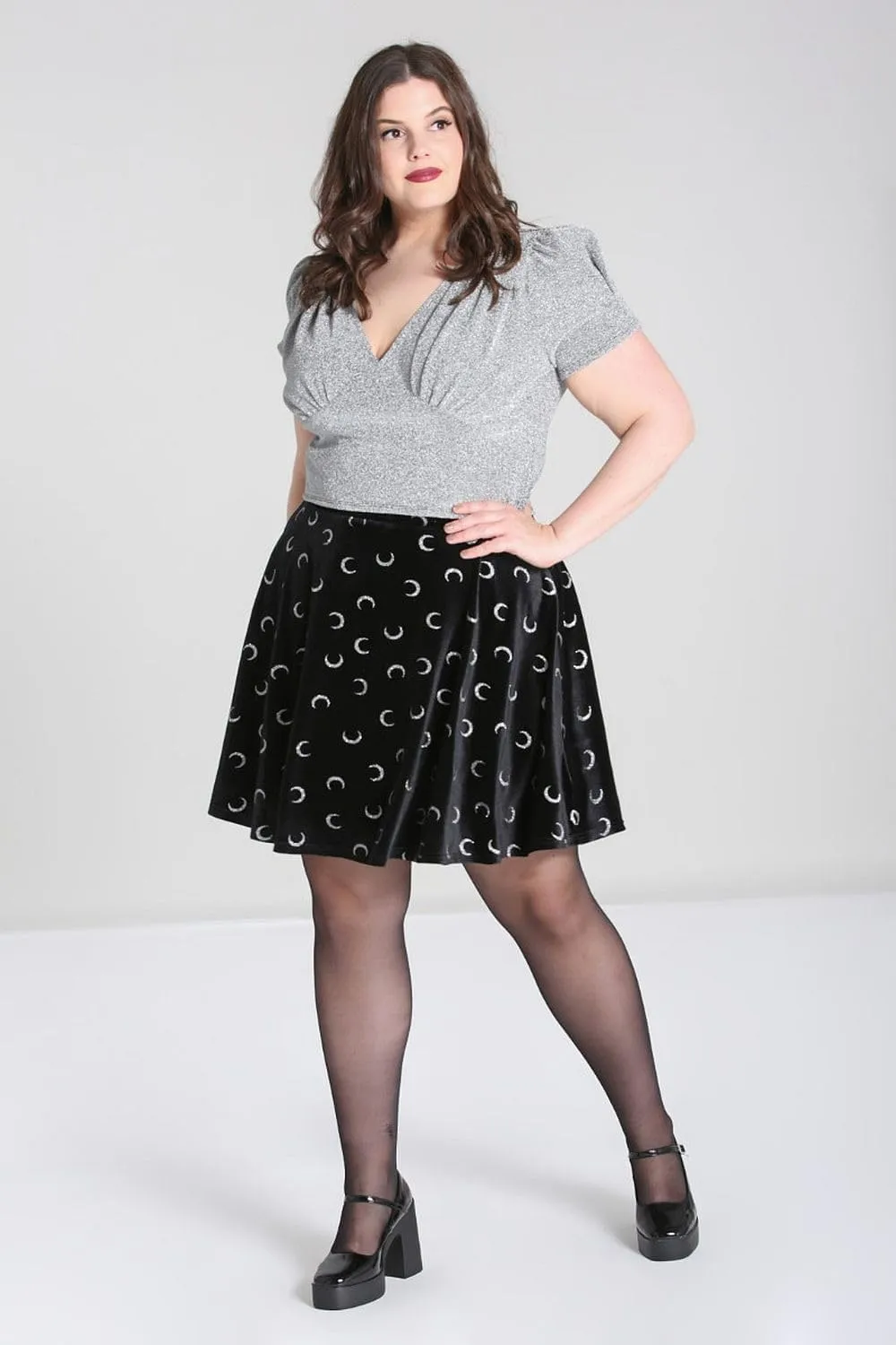 Hell Bunny Misty Moon Black Velvet Glittery Crescent Skirt