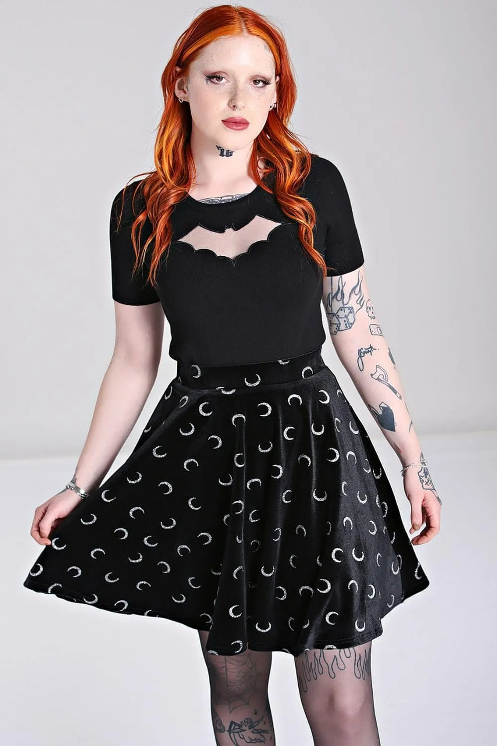 Hell Bunny Misty Moon Black Velvet Glittery Crescent Skirt