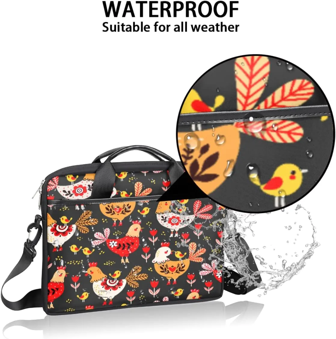 Hens And Chickens Black Background Laptop Shoulder Messenger Bag Waterproof Laptop Briefcase Handle Padded Strap