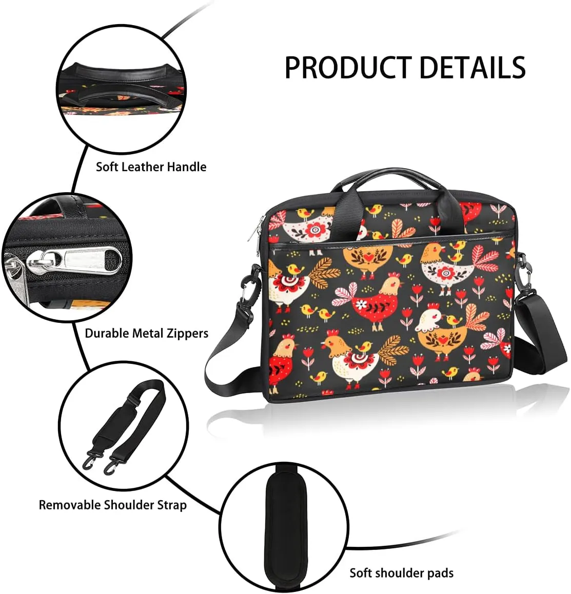 Hens And Chickens Black Background Laptop Shoulder Messenger Bag Waterproof Laptop Briefcase Handle Padded Strap