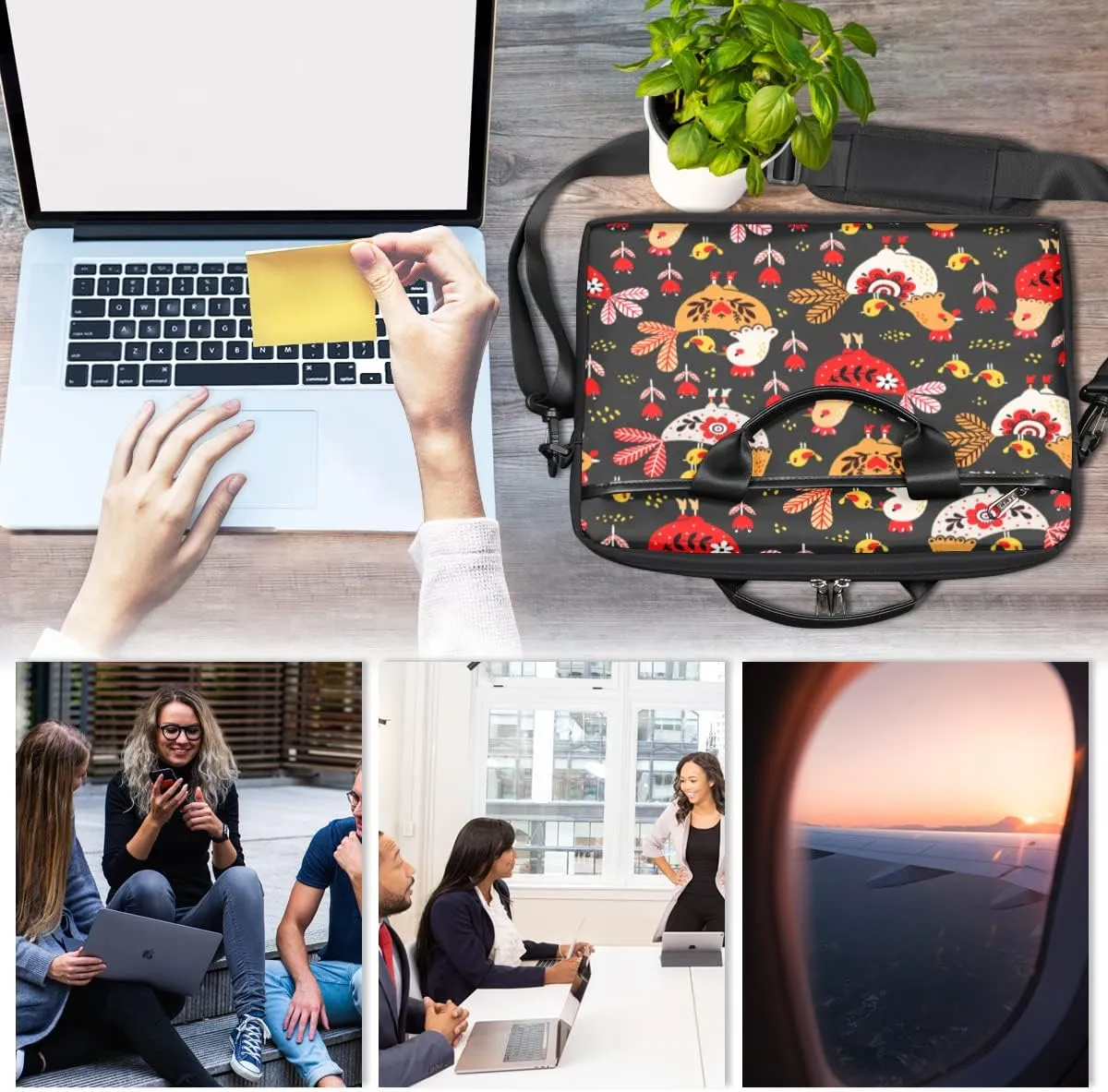 Hens And Chickens Black Background Laptop Shoulder Messenger Bag Waterproof Laptop Briefcase Handle Padded Strap