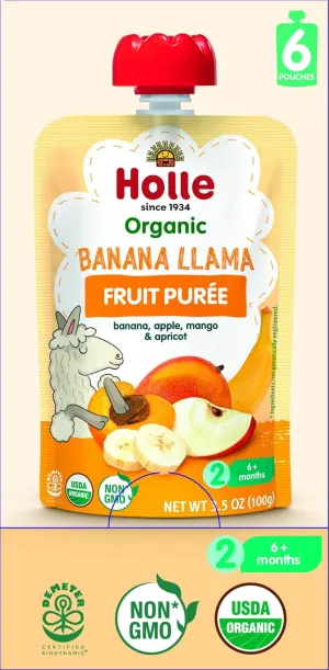 Holle Organic Baby Food Pouches - Banana Llama Baby Puree with Banana, Apple, Mango and Apricot - (6 Pack) Organic Baby Snacks   Fruit and Veggie Pouches for Weaning Babies 6 Months and Older