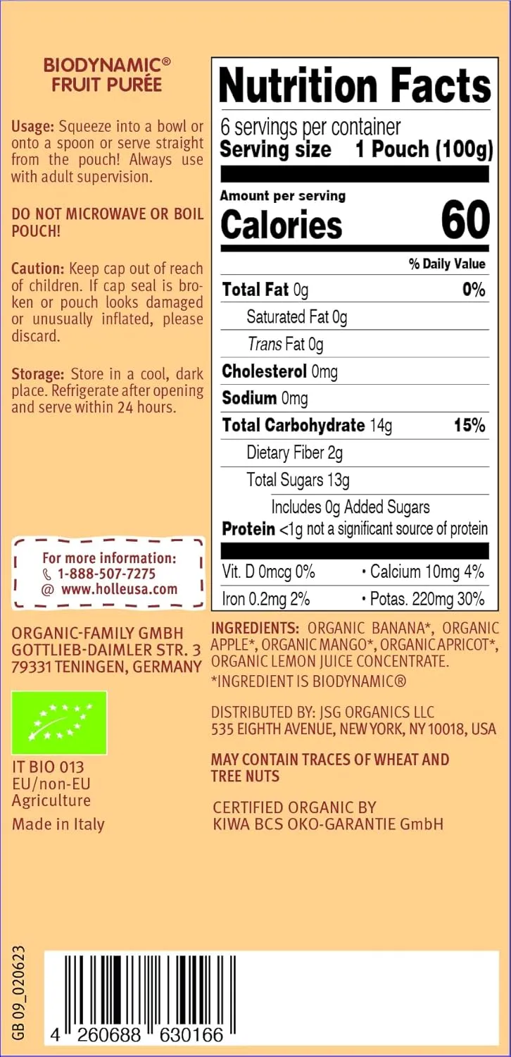 Holle Organic Baby Food Pouches - Banana Llama Baby Puree with Banana, Apple, Mango and Apricot - (6 Pack) Organic Baby Snacks   Fruit and Veggie Pouches for Weaning Babies 6 Months and Older