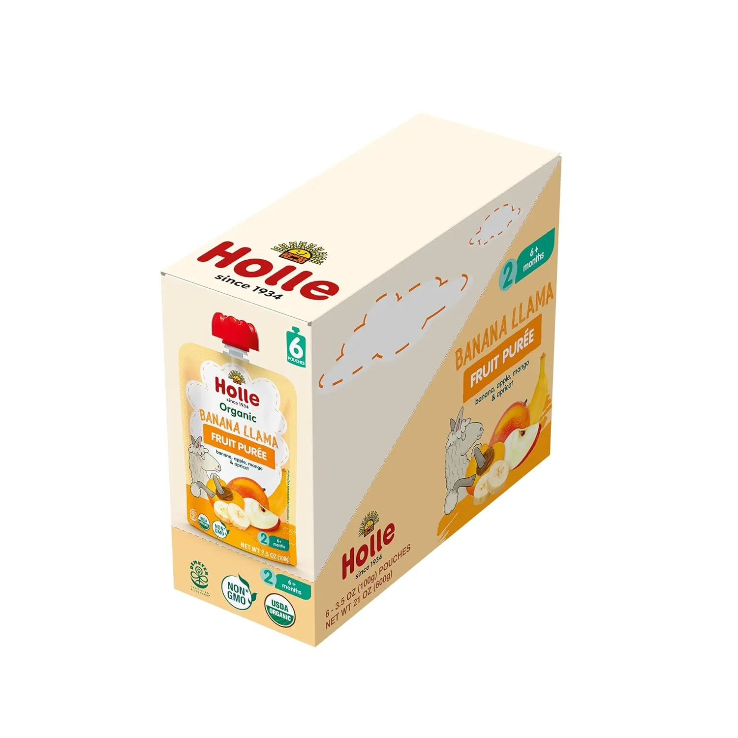 Holle Organic Baby Food Pouches - Banana Llama Baby Puree with Banana, Apple, Mango and Apricot - (6 Pack) Organic Baby Snacks   Fruit and Veggie Pouches for Weaning Babies 6 Months and Older