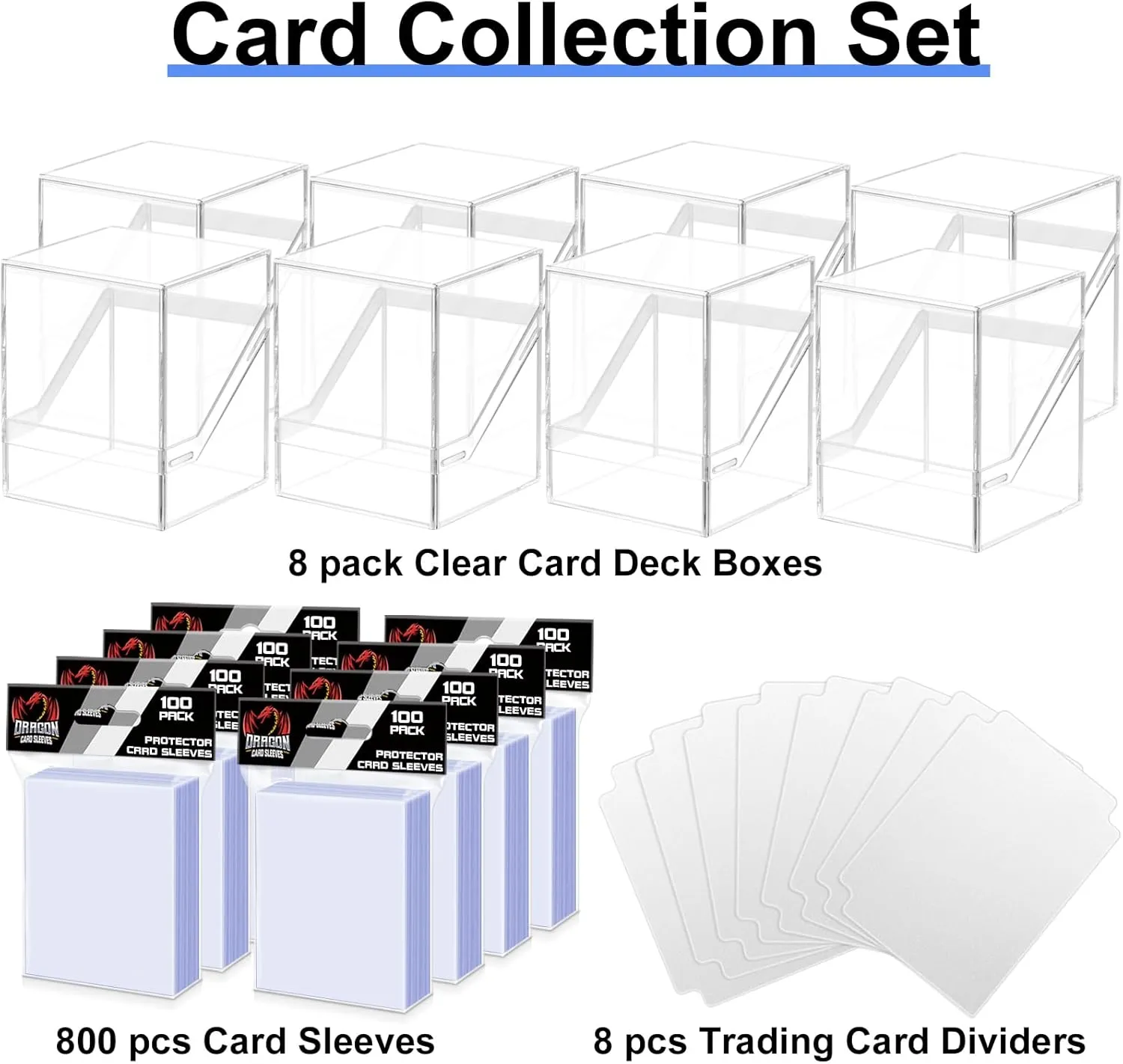 Homthy 8 Pack Card Deck Boxes for Trading Cards, Acrylic Card Deck Case with 800 PCS Clear Card Sleeves, Trading Card Storage Boxes Fit for MTG TCG and Sport Cards