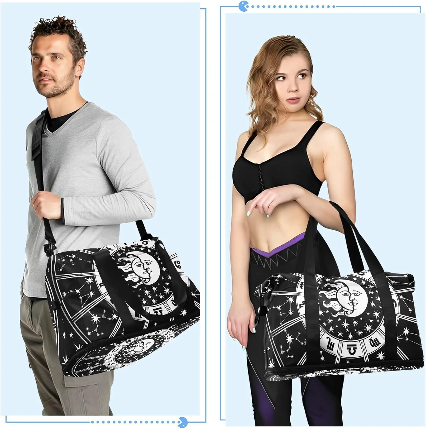 Horoscope Circle with Zodiac Signs Sun Moon Stars Black White Gym Duffel Bag, Polyester Travel Weekender Luggage Handbag with Waterproof Pocket for Wet Items, Unisex Foldable Tote for Sports