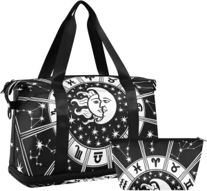Horoscope Circle with Zodiac Signs Sun Moon Stars Black White Gym Duffel Bag, Polyester Travel Weekender Luggage Handbag with Waterproof Pocket for Wet Items, Unisex Foldable Tote for Sports