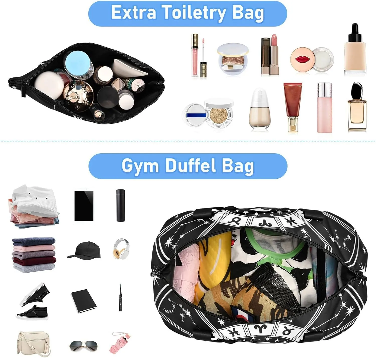 Horoscope Circle with Zodiac Signs Sun Moon Stars Black White Gym Duffel Bag, Polyester Travel Weekender Luggage Handbag with Waterproof Pocket for Wet Items, Unisex Foldable Tote for Sports