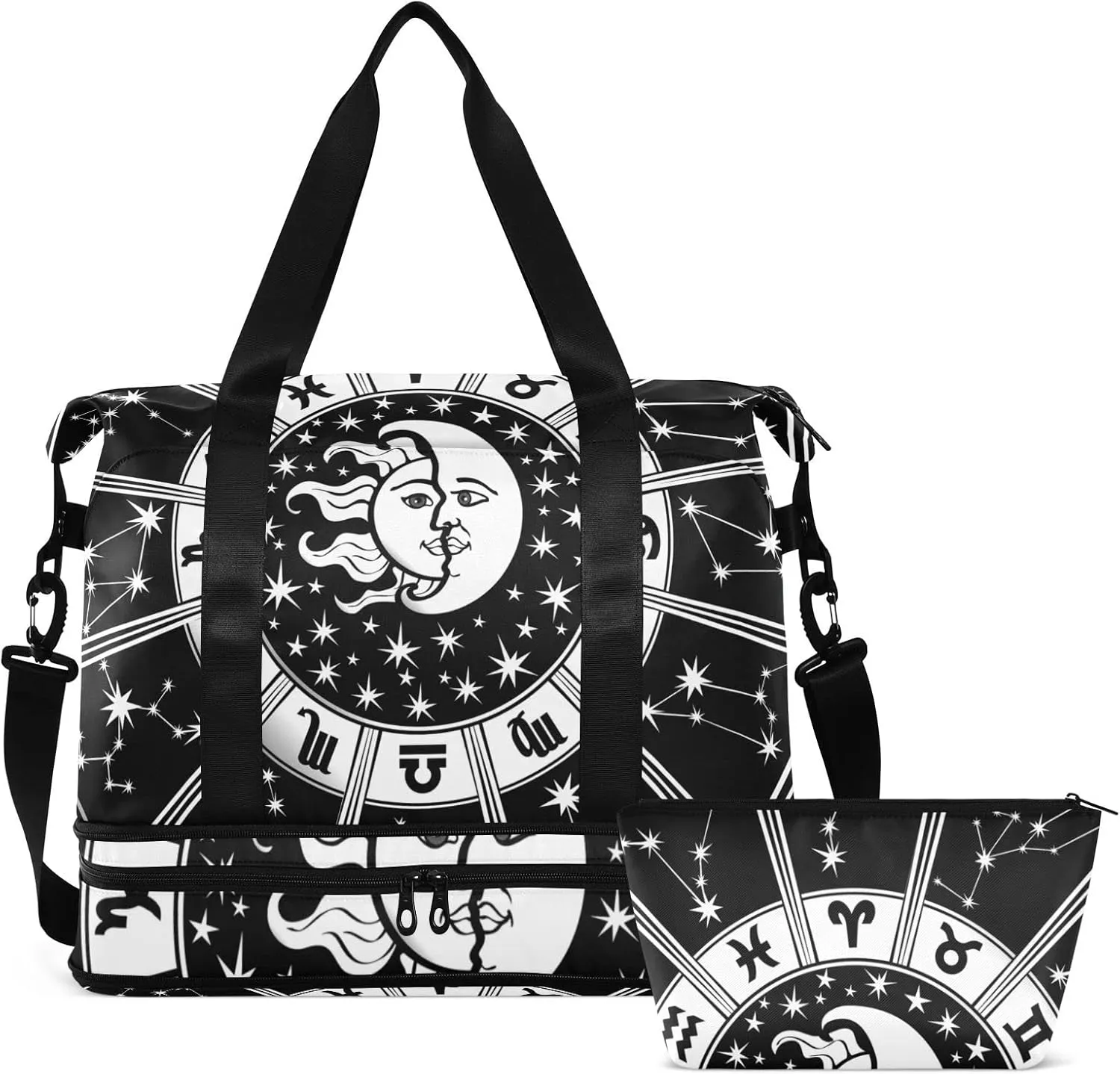 Horoscope Circle with Zodiac Signs Sun Moon Stars Black White Gym Duffel Bag, Polyester Travel Weekender Luggage Handbag with Waterproof Pocket for Wet Items, Unisex Foldable Tote for Sports