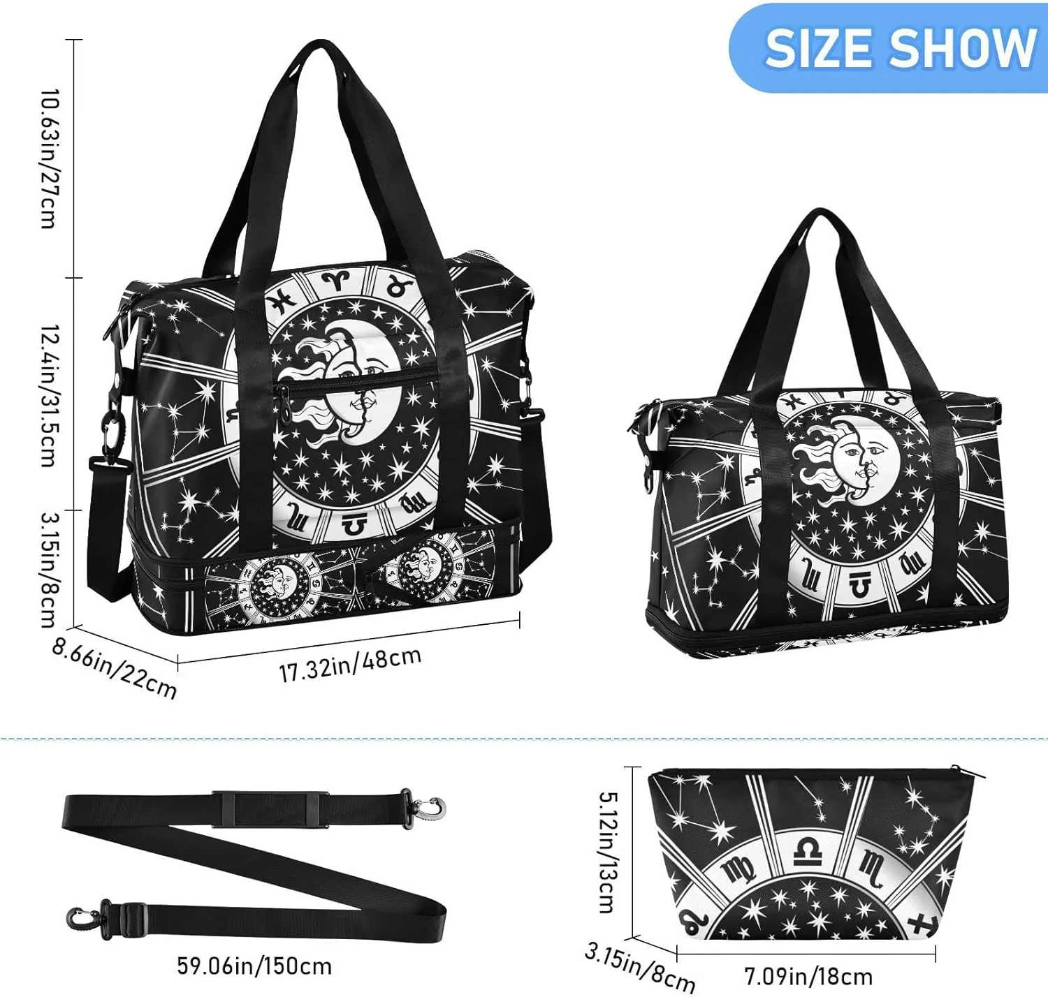 Horoscope Circle with Zodiac Signs Sun Moon Stars Black White Gym Duffel Bag, Polyester Travel Weekender Luggage Handbag with Waterproof Pocket for Wet Items, Unisex Foldable Tote for Sports