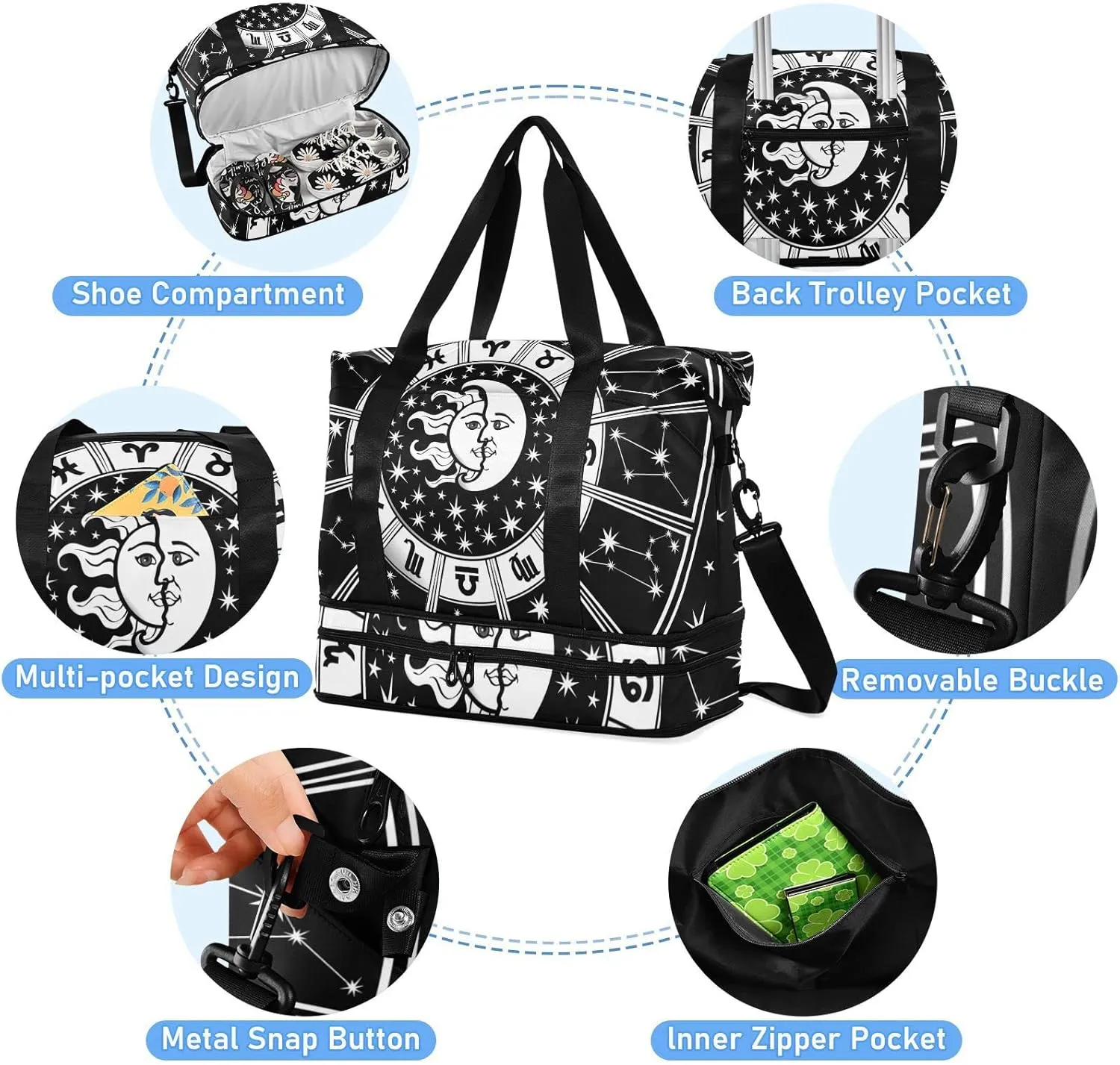 Horoscope Circle with Zodiac Signs Sun Moon Stars Black White Gym Duffel Bag, Polyester Travel Weekender Luggage Handbag with Waterproof Pocket for Wet Items, Unisex Foldable Tote for Sports