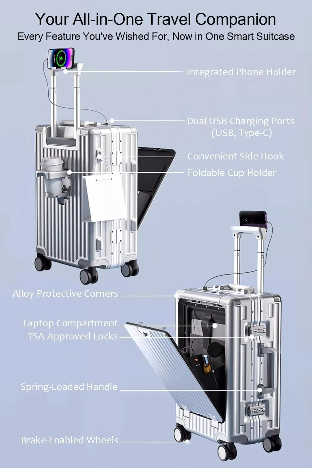 HotWay 24 Inch Checked In Luggage with Cup Phone Holder and Laptop Compartment, PC Hard Shell Suitcase with Spinner Wheels and USB Port, Large Luggage for Business Travel