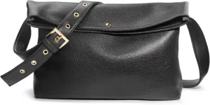 HOXIS Messenger Bag for Women Crossbody Purse Vegan Leather Foldover Shoulder Handbag (Black)