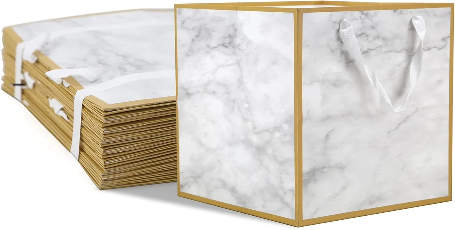 HUAPRINT Kraft Paper Gift Bags with Handles,Marble Paper Bags,12 Pack 6x6x6inch Square Gift Bag, Shopping Merchandise Bags,Party Favor Bags,Birthday,Goodie,Craft Retail,Candy,Cookie,Take Out Bags