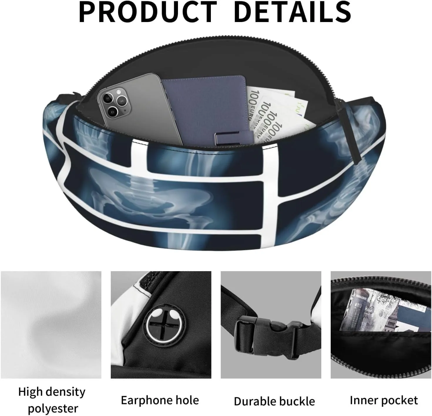 Human Bones X Ray Fanny Pack, Crossbody Waist Packs for Women Men Waist Bags with Adjustable Strap for Travel Running Hiking Sport