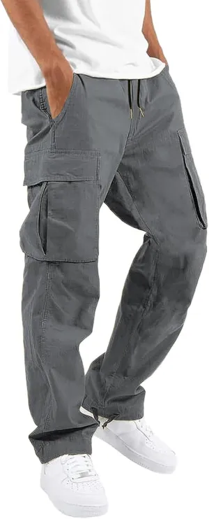 HUNGSON Mens Cargo Pants Drawstring Casual Hiking Pants Joggers Athletic Trousers Cotton Loose Straight Sweatpants for Men