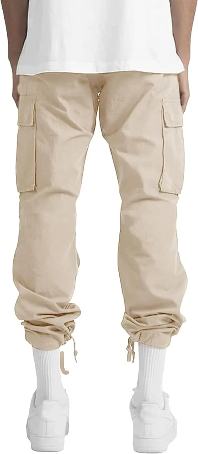 HUNGSON Mens Cargo Pants Drawstring Casual Hiking Pants Joggers Athletic Trousers Cotton Loose Straight Sweatpants for Men