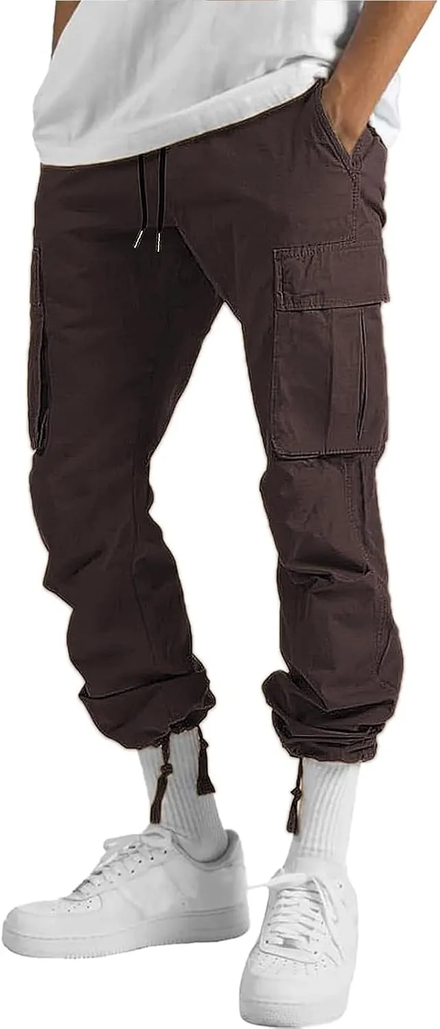 HUNGSON Mens Cargo Pants Drawstring Casual Hiking Pants Joggers Athletic Trousers Cotton Loose Straight Sweatpants for Men