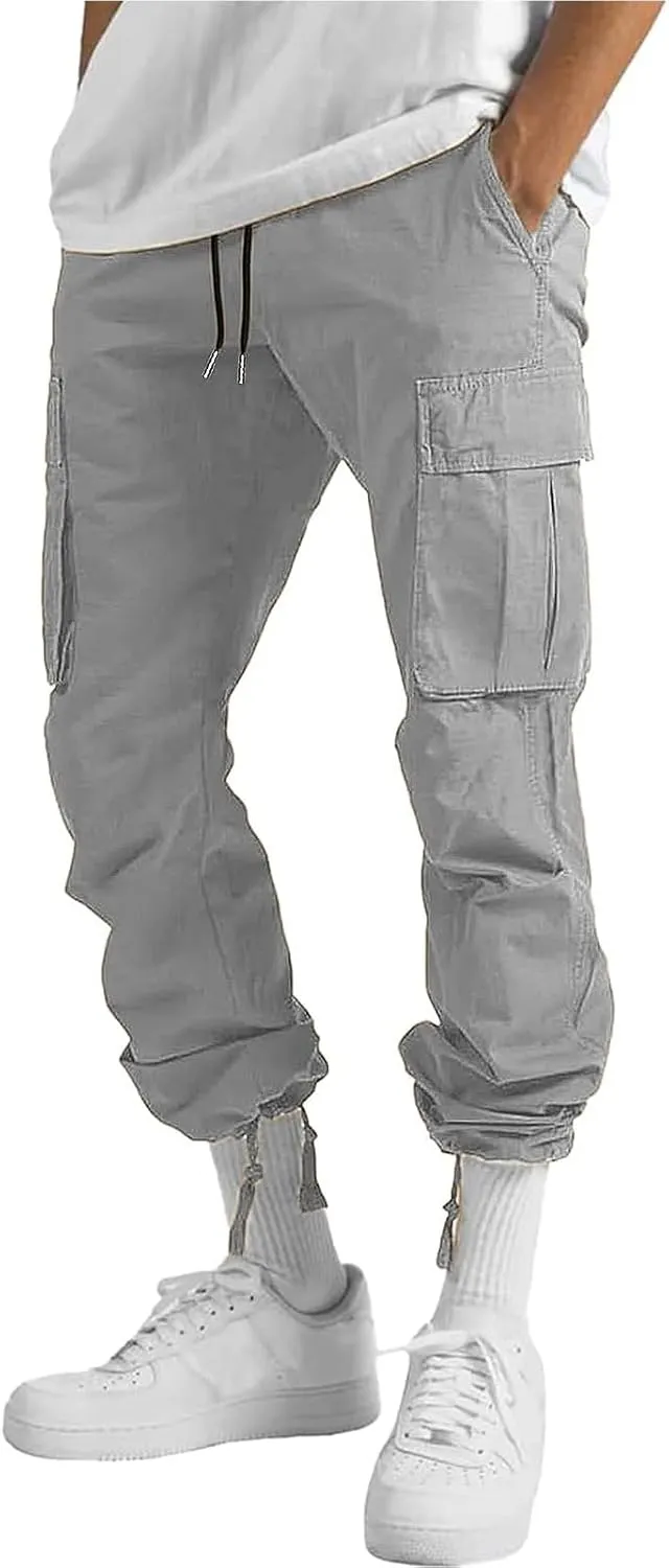 HUNGSON Mens Cargo Pants Drawstring Casual Hiking Pants Joggers Athletic Trousers Cotton Loose Straight Sweatpants for Men