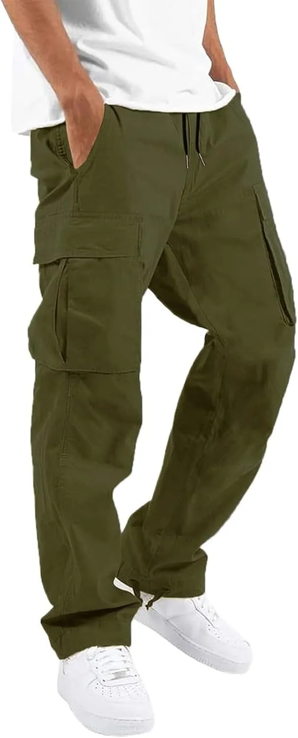 HUNGSON Mens Cargo Pants Drawstring Casual Hiking Pants Joggers Athletic Trousers Cotton Loose Straight Sweatpants for Men