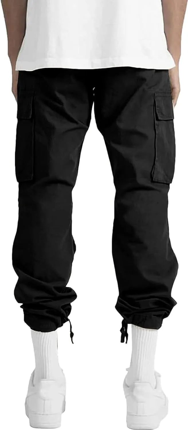 HUNGSON Mens Cargo Pants Drawstring Casual Hiking Pants Joggers Athletic Trousers Cotton Loose Straight Sweatpants for Men