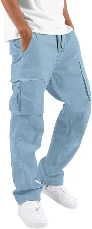 HUNGSON Mens Cargo Pants Drawstring Casual Hiking Pants Joggers Athletic Trousers Cotton Loose Straight Sweatpants for Men