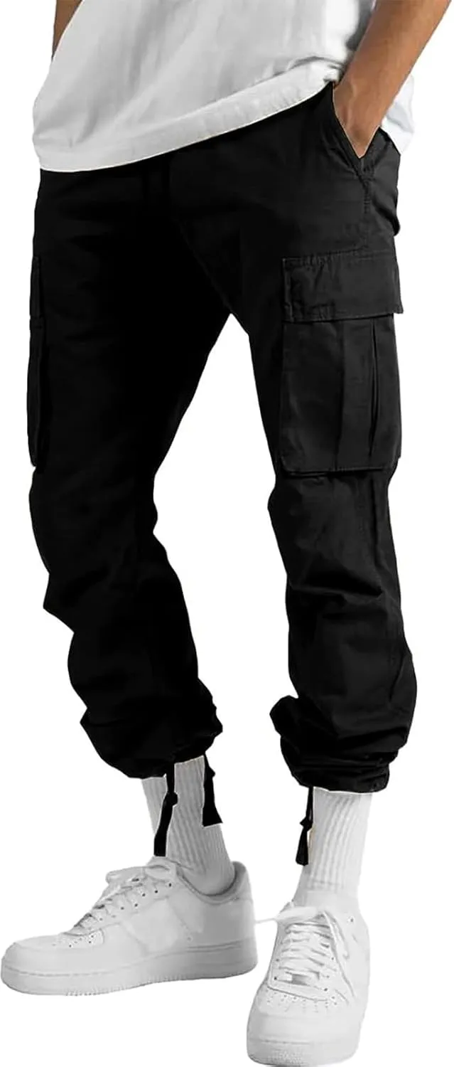 HUNGSON Mens Cargo Pants Drawstring Casual Hiking Pants Joggers Athletic Trousers Cotton Loose Straight Sweatpants for Men