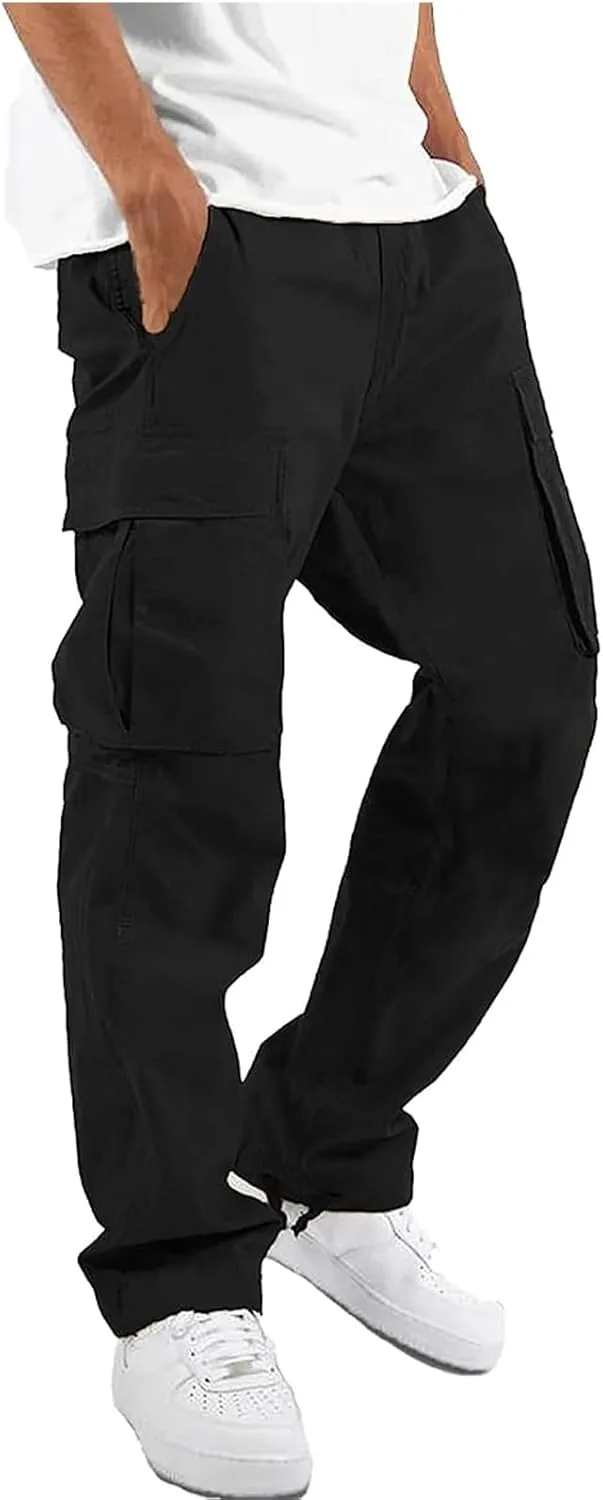 HUNGSON Mens Cargo Pants Drawstring Casual Hiking Pants Joggers Athletic Trousers Cotton Loose Straight Sweatpants for Men