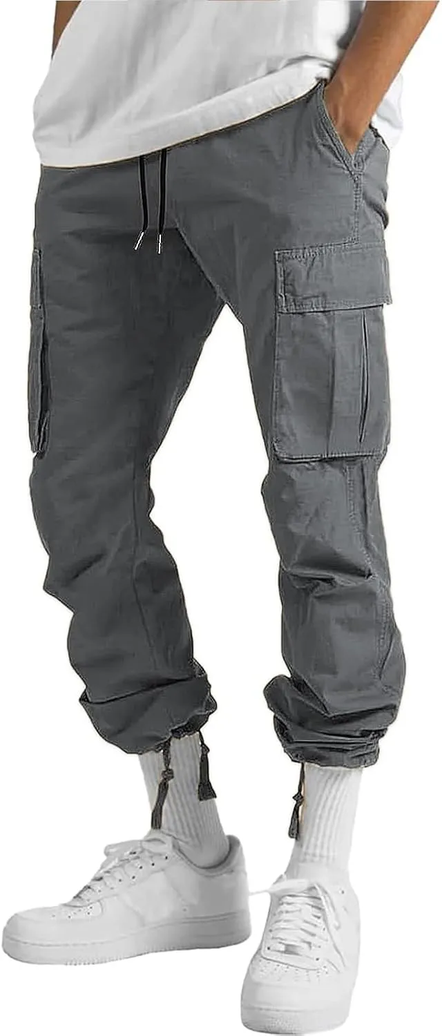 HUNGSON Mens Cargo Pants Drawstring Casual Hiking Pants Joggers Athletic Trousers Cotton Loose Straight Sweatpants for Men